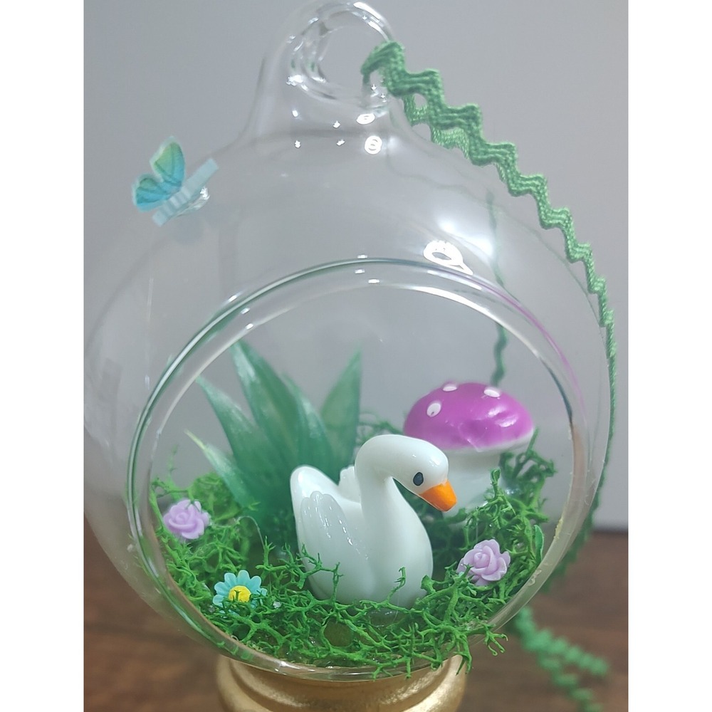 Swan Christmas Ornament Handmade Glass Diorama Mushroom Flowers Fairy Garden